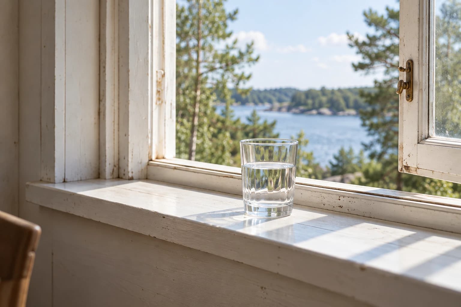 A glass of water on a painted windowsill overlooking the water