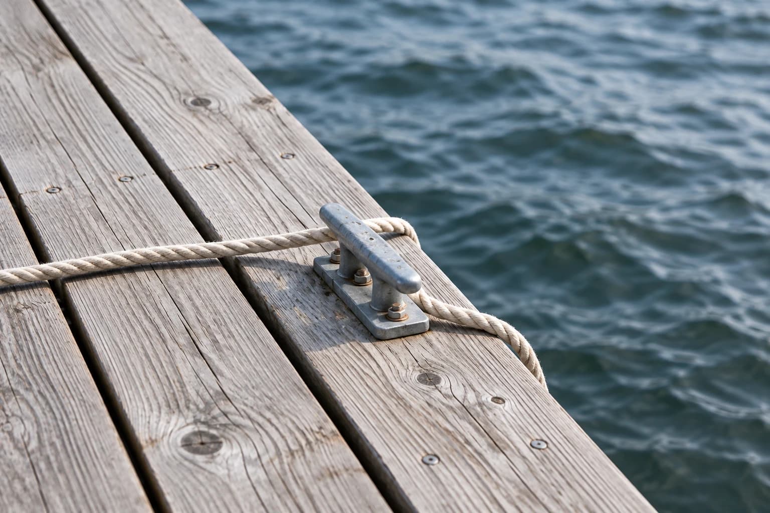 Rope and a mooring cleat on a weathered wooden jetty