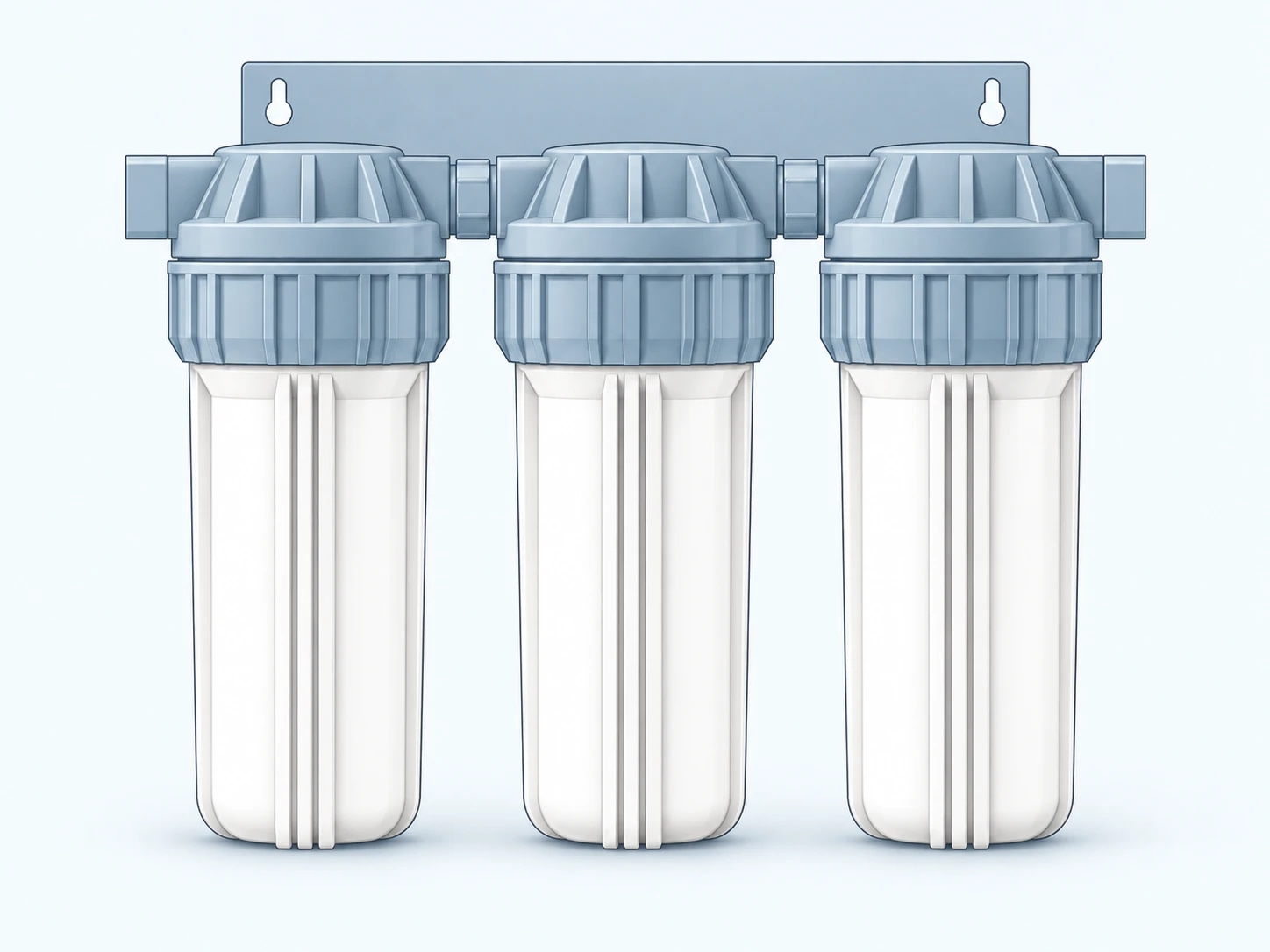 Concept illustration of three connected filter housings on a shared bracket