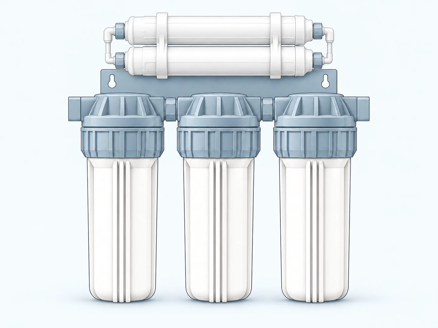 Concept illustration of three vertical filter housings with two smaller horizontal cartridges mounted above